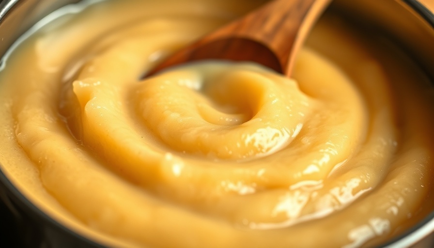 Smooth homemade applesauce being stirred with wooden spoon.