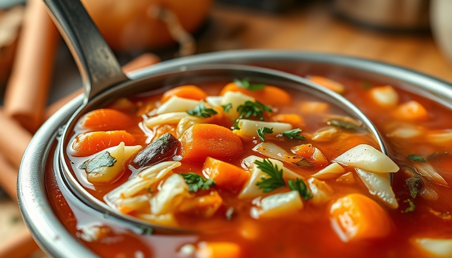 Close-up of budget-friendly cabbage soup in a ladle.