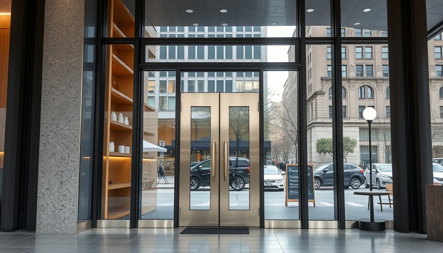 Modern cafe entrance reflecting urban environment