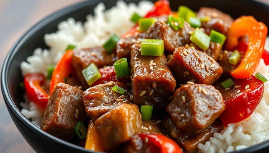 Vibrant pepper steak dish with rice, peppers, and beef.