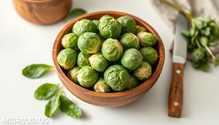Fresh Brussels sprouts in wooden bowl with knife nearby.