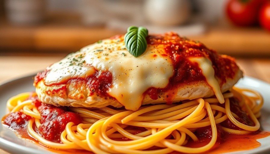Tasty chicken parmesan recipe with spaghetti and basil garnish