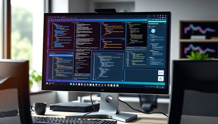 Modern computer monitor in office displaying coding interfaces.