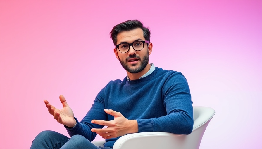 Man gesturing while speaking about anthropic AI, vibrant pink background.