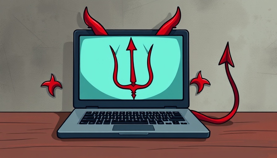 Stylized laptop with devil elements depicting deception.