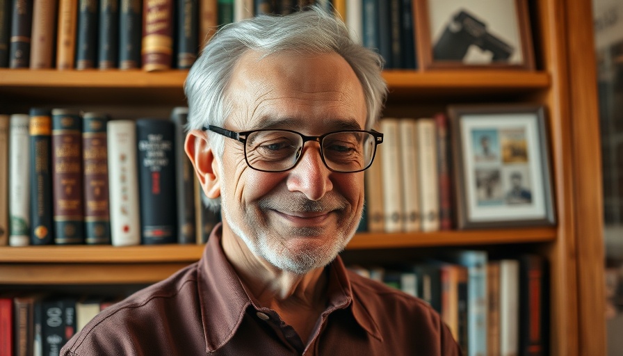 Older man smiling in front of bookshelf with computing books.