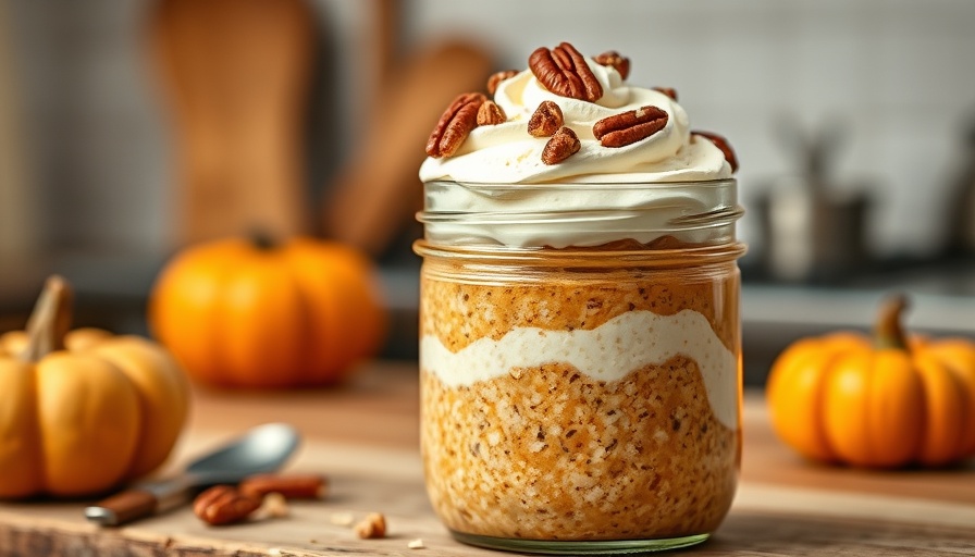 Creamy pumpkin overnight oats in a jar topped with whipped cream and pecans.