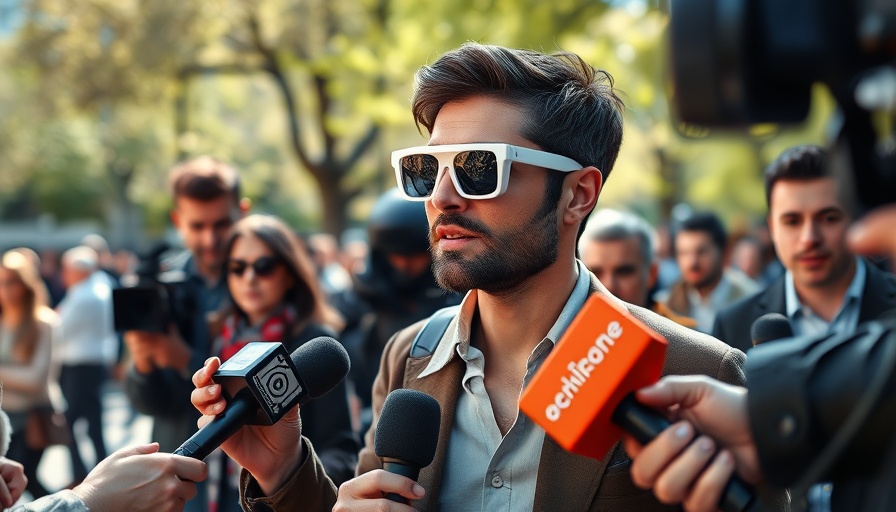 Man with white glasses speaking to reporters outside.