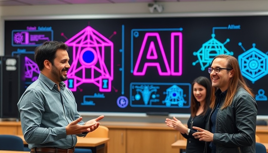 Presenters discussing AI agents with digital neon diagrams