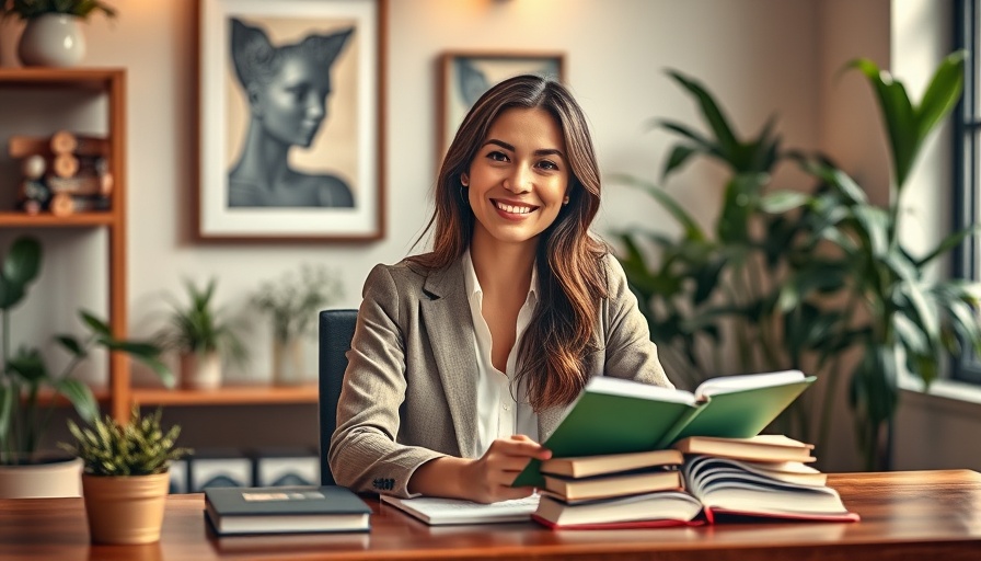 Professional woman smiling with books in a cozy room setting.
