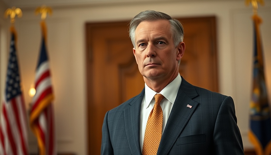 Open AI leader standing formally in front of American flags indoor.