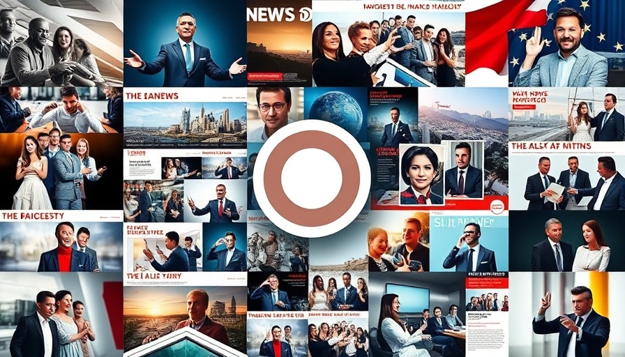 Collage of news images with central icon representing Microsoft AI.