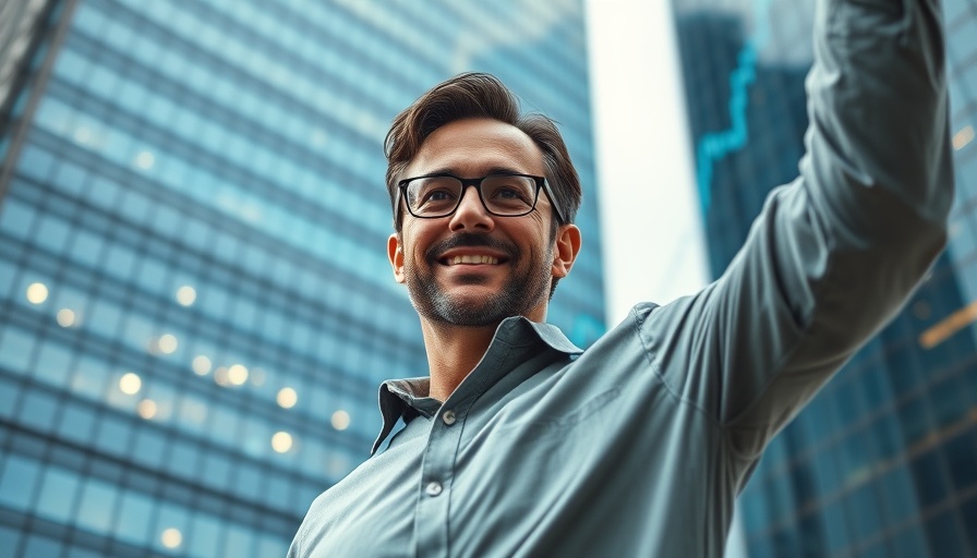 Confident businessman raising arm in front of futuristic building and financial chart.