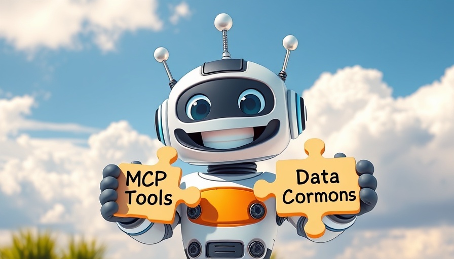 Agentic AI cartoon robot holding puzzle pieces in sky.
