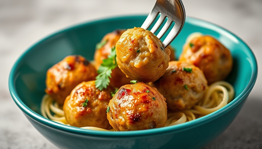 Easy chicken meatballs recipe with herbs in a teal bowl.