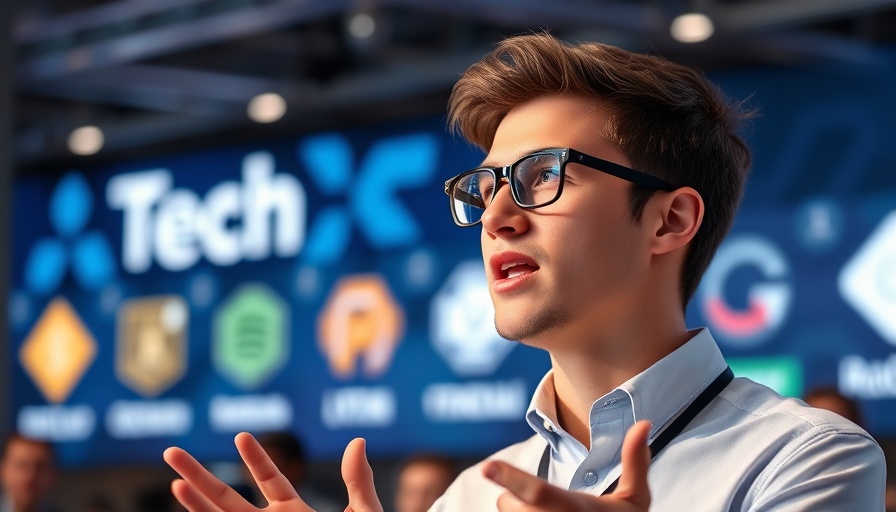 Young man at tech conference discussing AI advancements.