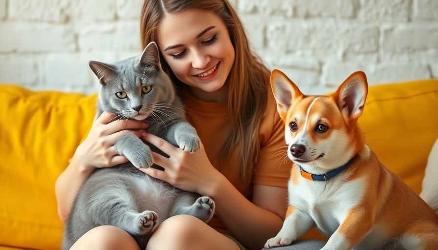 Pet sitter with cat and dog on yellow sofa, highlighting pet sitting insurance.