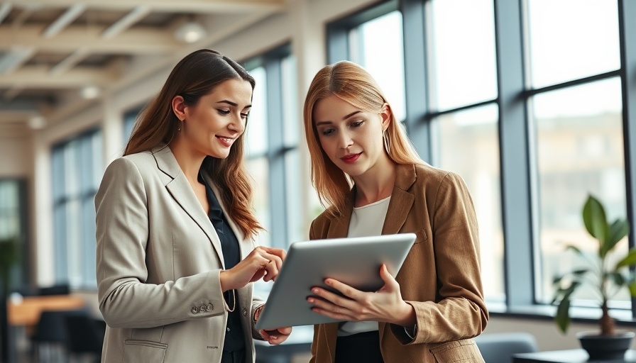Professional women reviewing tablet in office for value proposition template.