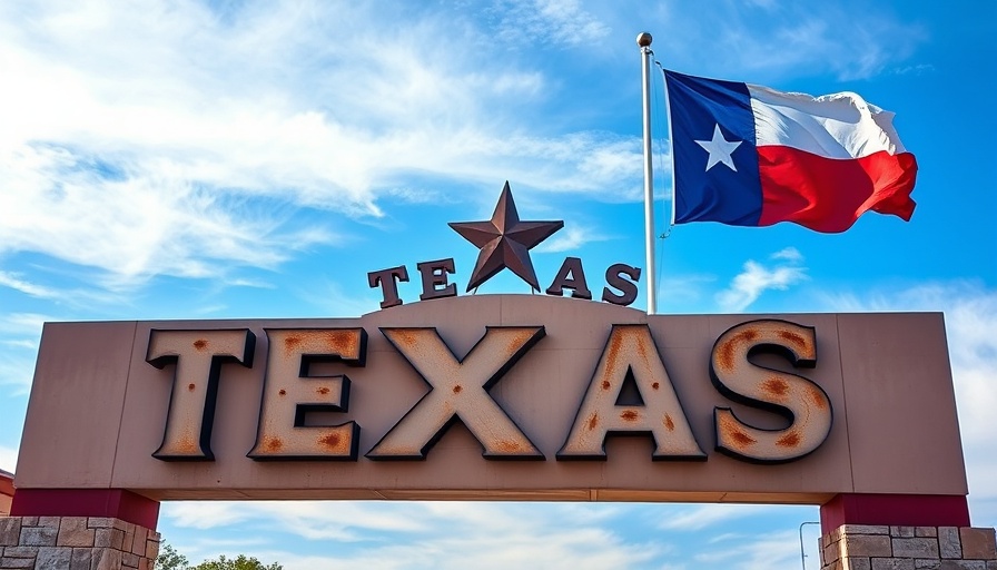 Texas welcome sign with flag, famous Texas facts and landmarks.