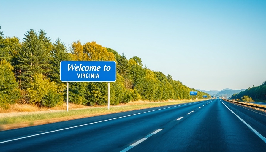 Virginia highway with welcome sign, clear sky, green roadside.