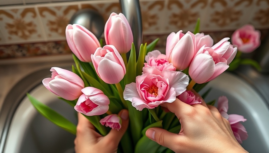 Trimming pink spring flowers at a vintage kitchen sink