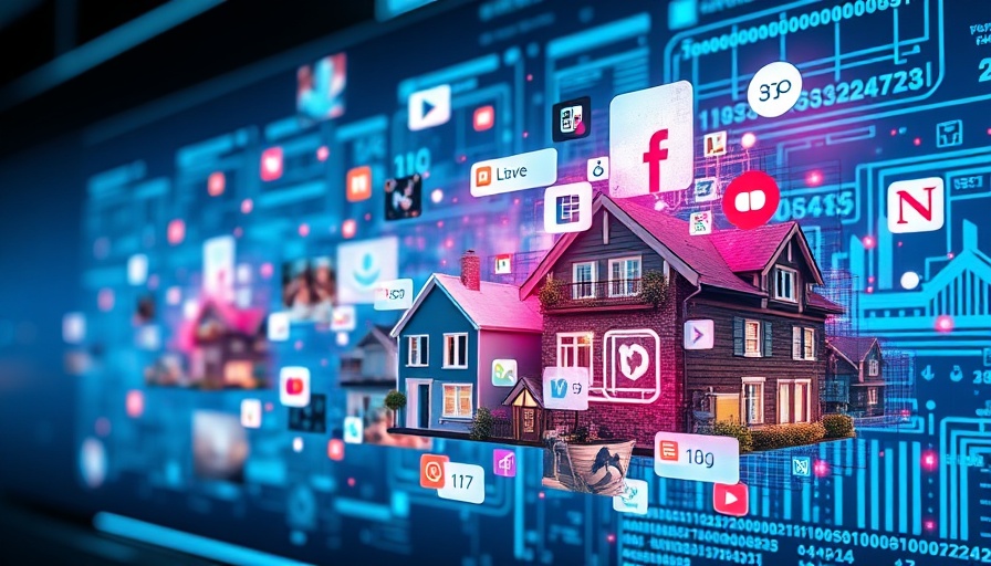 Futuristic collage showcasing new social media tools for real estate.