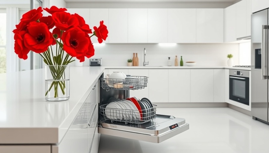 Open dishwasher in modern kitchen with flowers; cleaning your dishwasher.