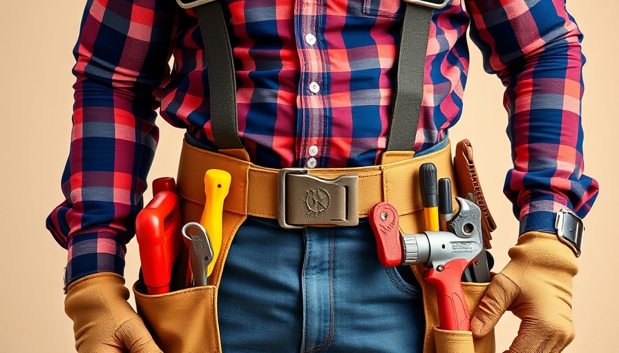 Handyman ready for work with tools and helmet.