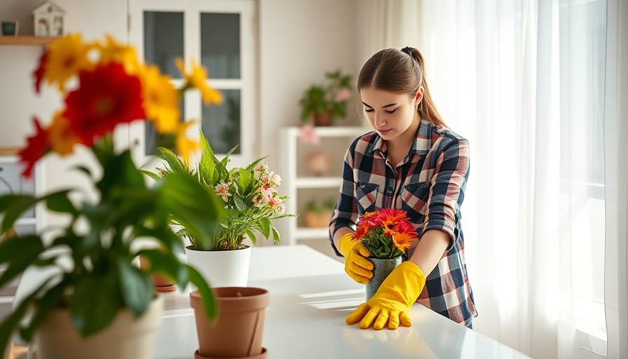 Benefits of a Clean Home: Woman cleaning in bright, flower-filled room.