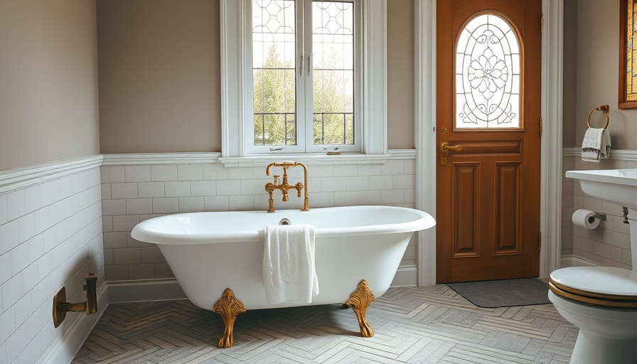 Modern bathroom with a stylish bathtub and brass accents, adding color to your bathroom.