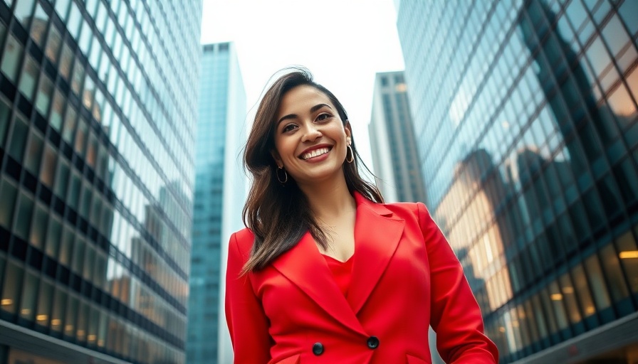 Confident woman in real estate in red against urban skyline.