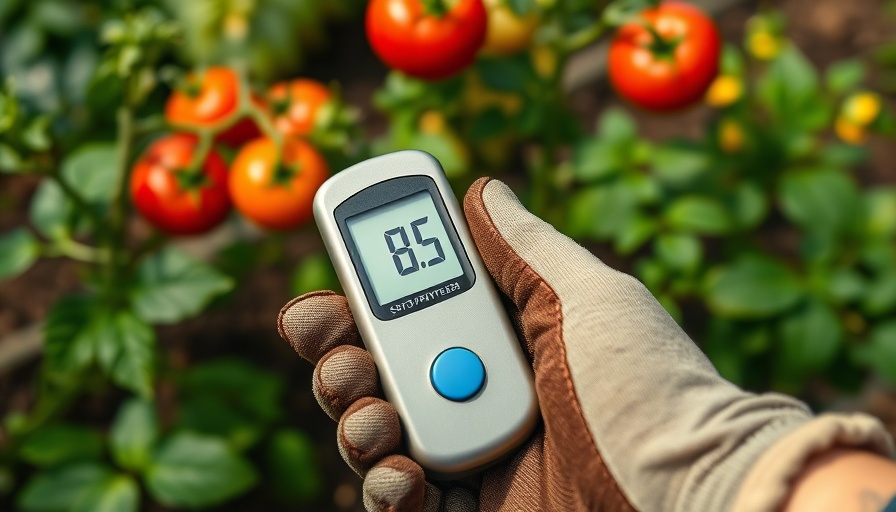 Gardener measuring soil pH reading 8.5 in a vegetable garden. Learn how to lower soil pH effectively.