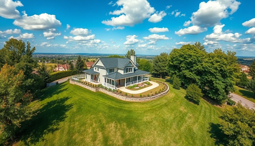 Aerial view of modern suburban house on a hill.