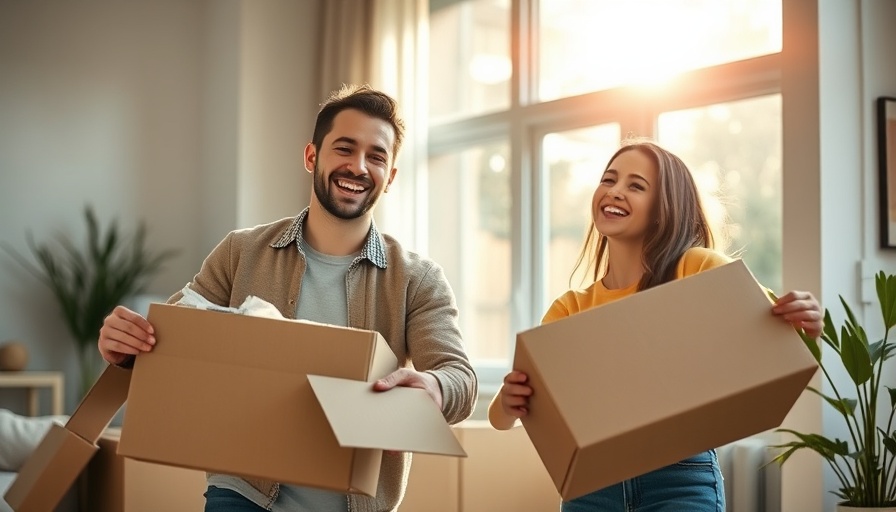 Young couple unpacking in sunlit home, enjoying low mortgage rates.