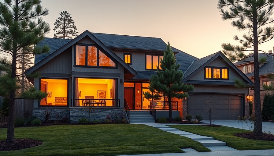 Modern house with large windows and landscaped yard, evening.