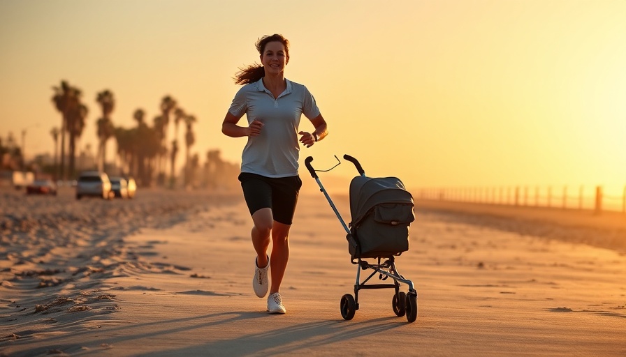 Couple jogging with stroller on Long Beach at sunset.