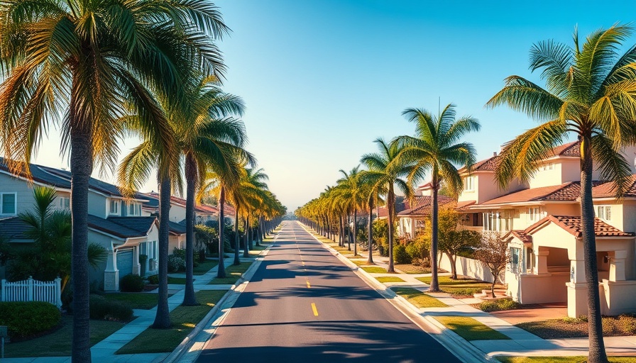 Scenic view of a Californian street with palm trees.
