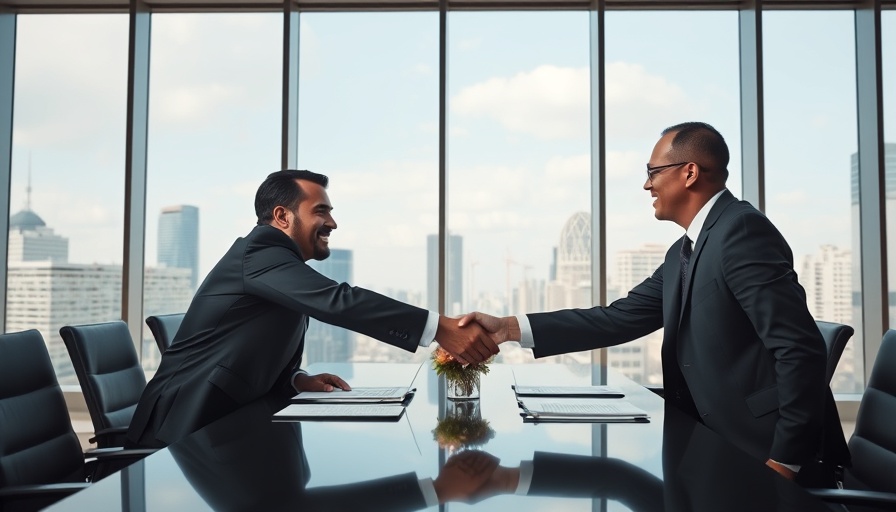 Executives shaking hands in modern office for A&D Mortgage acquisition.