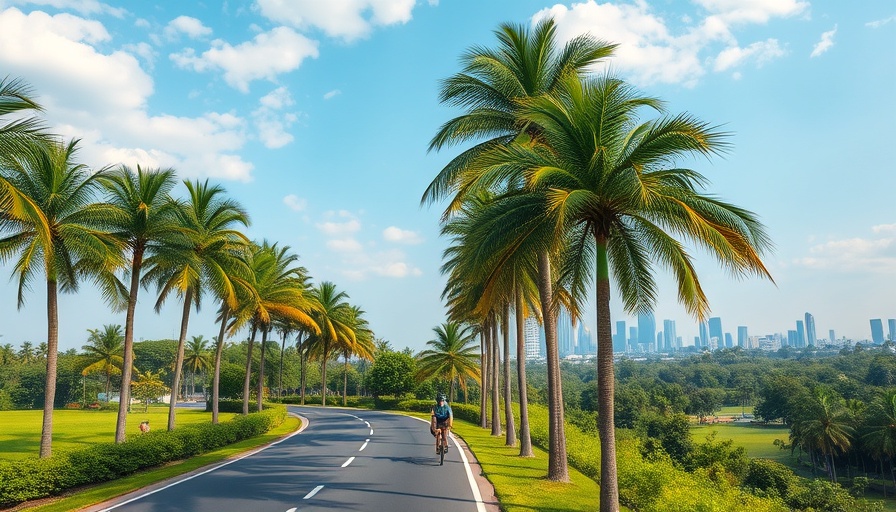 Aerial view of a cyclist on a palm-lined road near a city skyline under sunny skies in a top U.S. weather city.