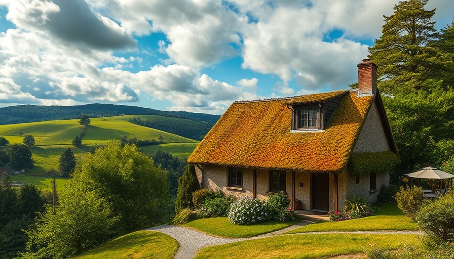 Quaint house with a moss-covered roof surrounded by lush greenery.