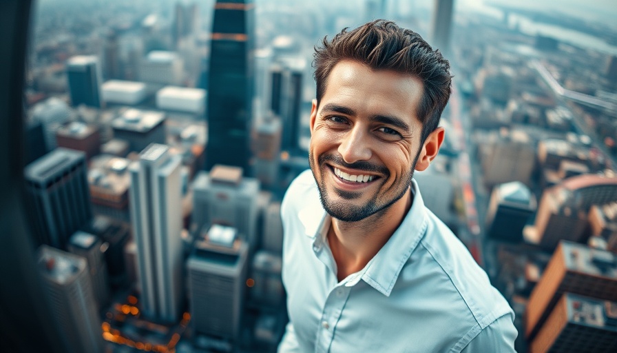 Confident man with cityscape overlay, showcasing real estate in Nicaragua.