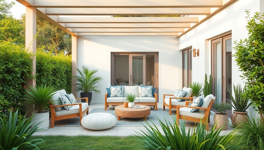 Modern patio design with minimalist decor, surrounded by greenery.