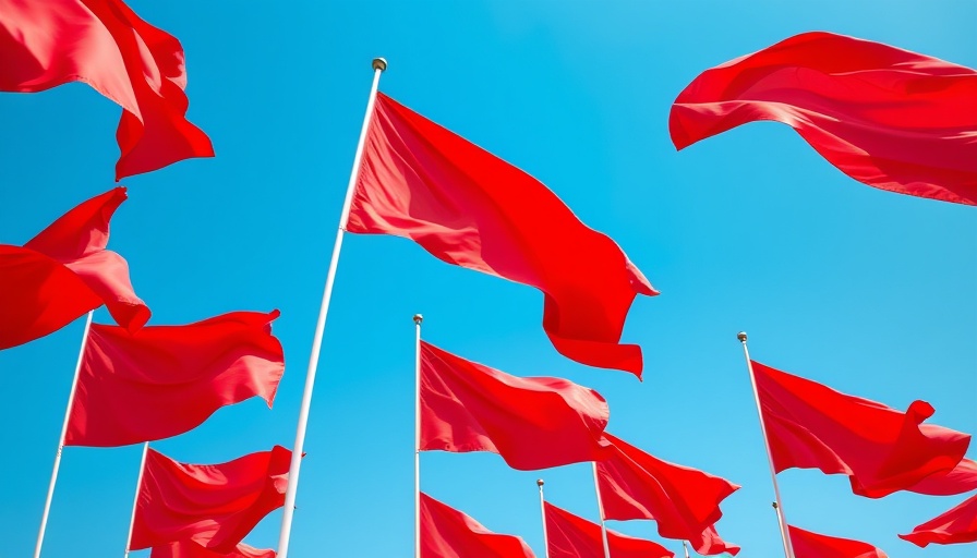 Red flags waving in clear blue sky, signifying caution.