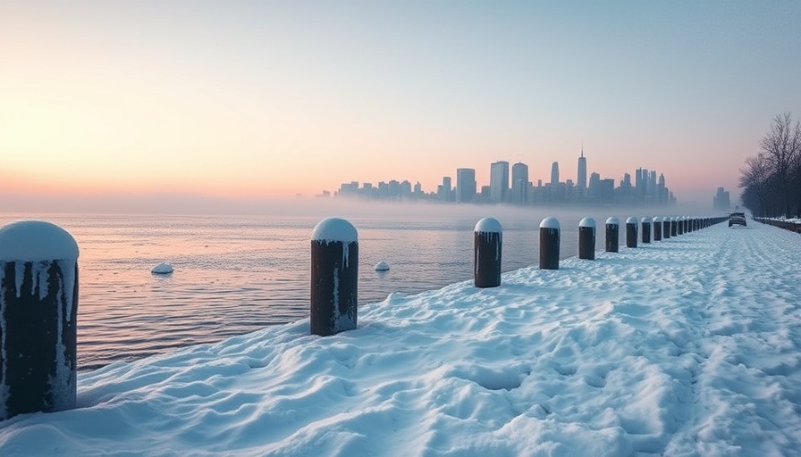 Coldest Cities in the U.S.: icy lakeside and skyline at dawn.