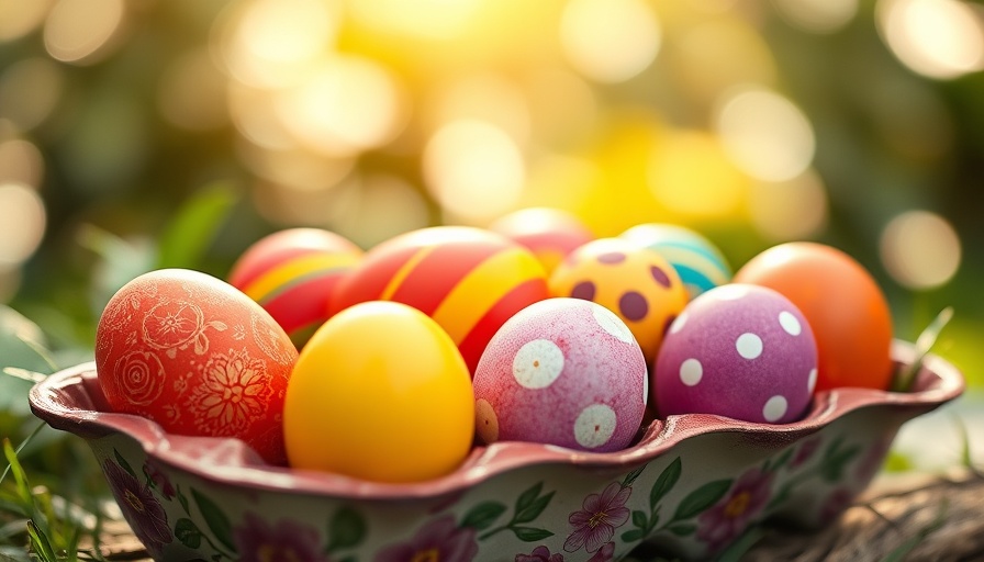 Colorful Easter eggs displayed on floral tray, Easter egg hunt ideas.