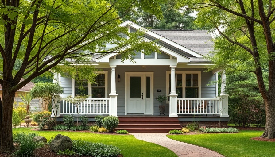 Modern bungalow front porch with greenery for downsizing your home.