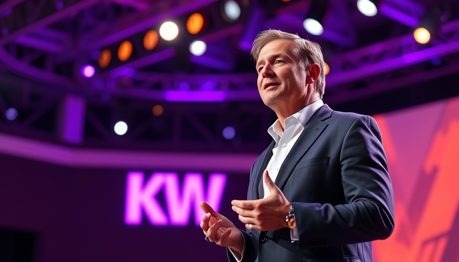 Gary Keller speaks on stage with KW branding in background.