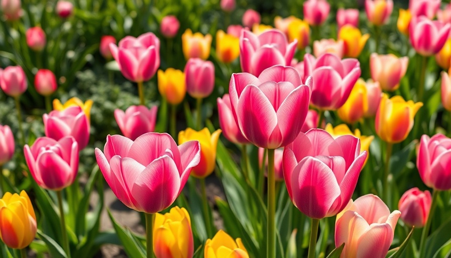 Blooming spring garden with vibrant tulips and lush greenery.