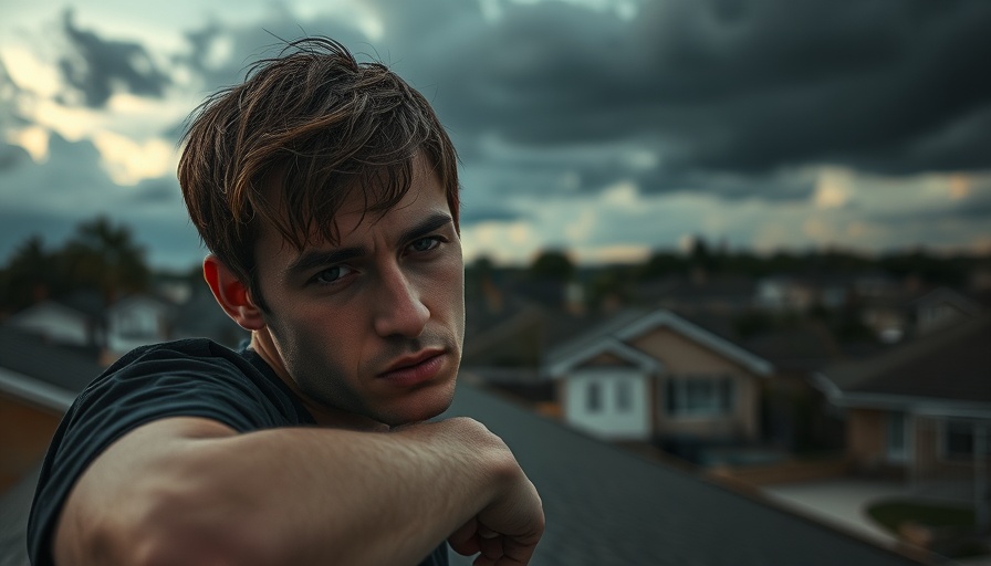 Moody cinematic image of a man on a suburban rooftop under cloudy skies.