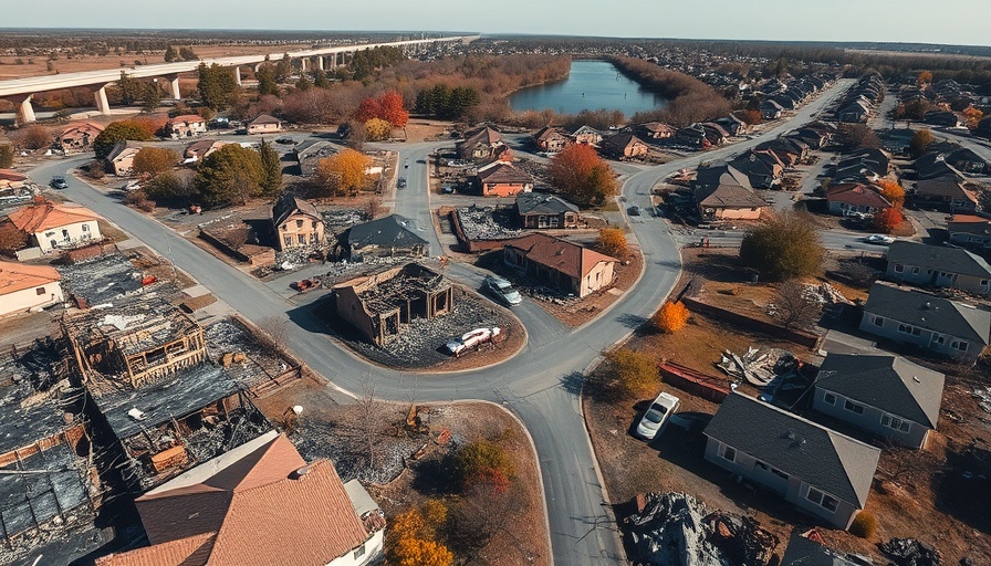 Aerial view of L.A. fires aftermath with damaged homes.
